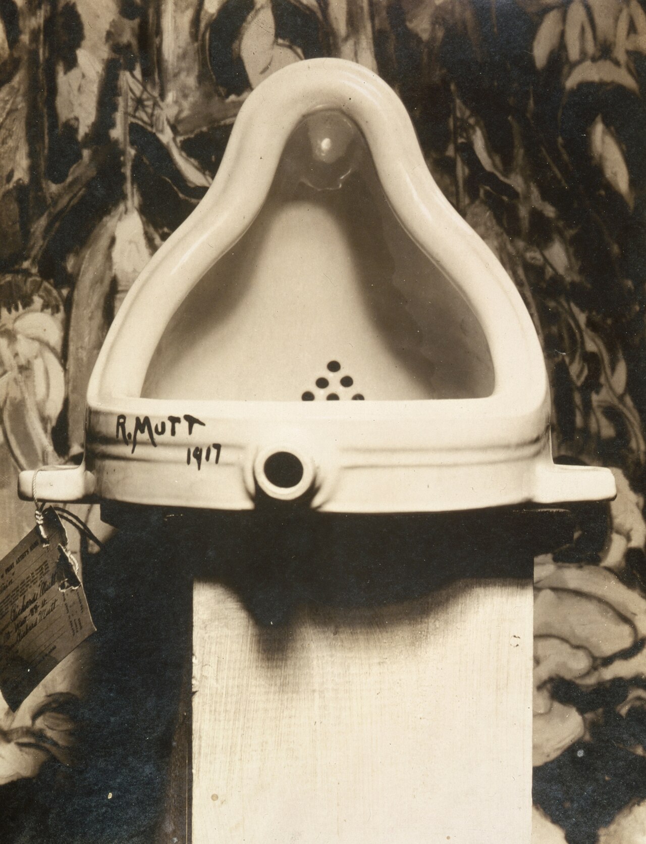 Fountain — a porcelain urinal on a pedestal, signed R. Mutt 1917, photographed by Alfred Stieglitz