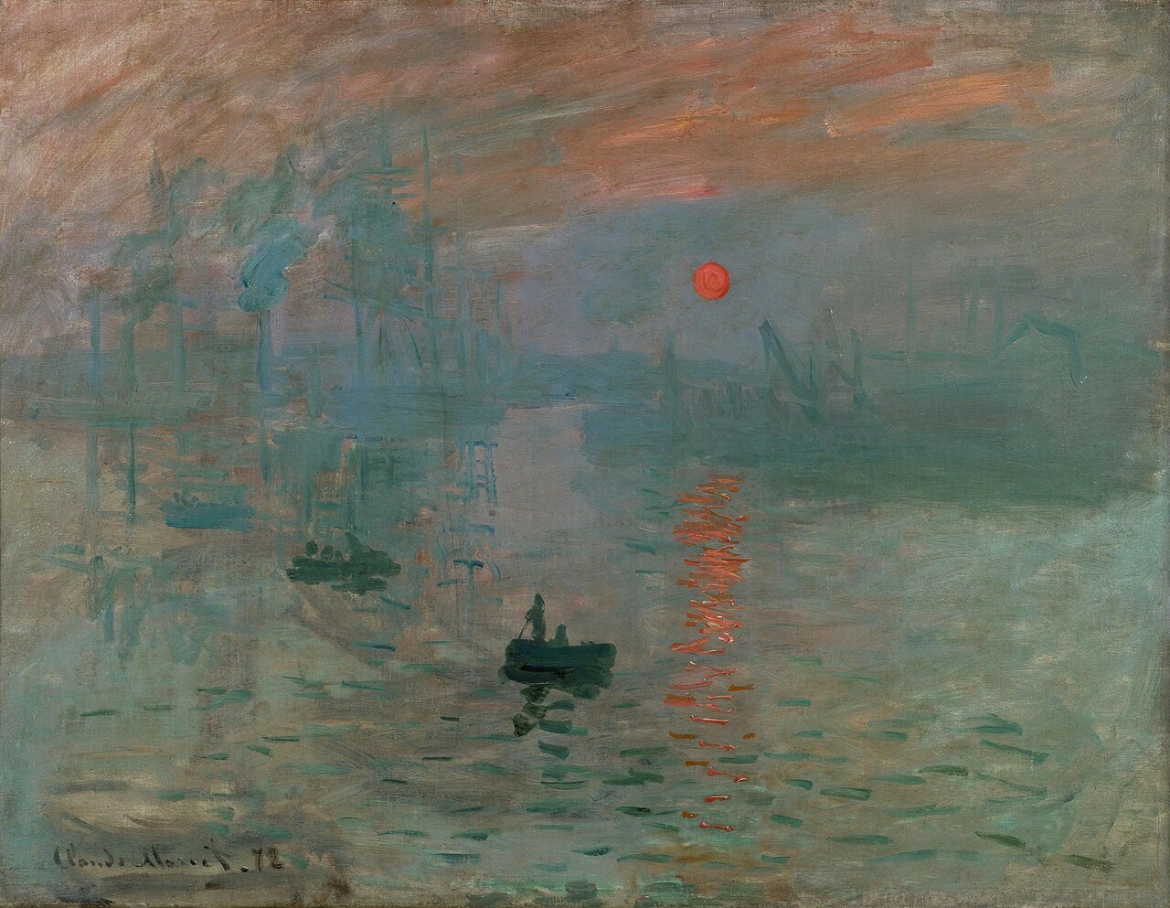 Impression, Sunrise — a hazy harbor at dawn with a red sun, painted in loose visible brushstrokes