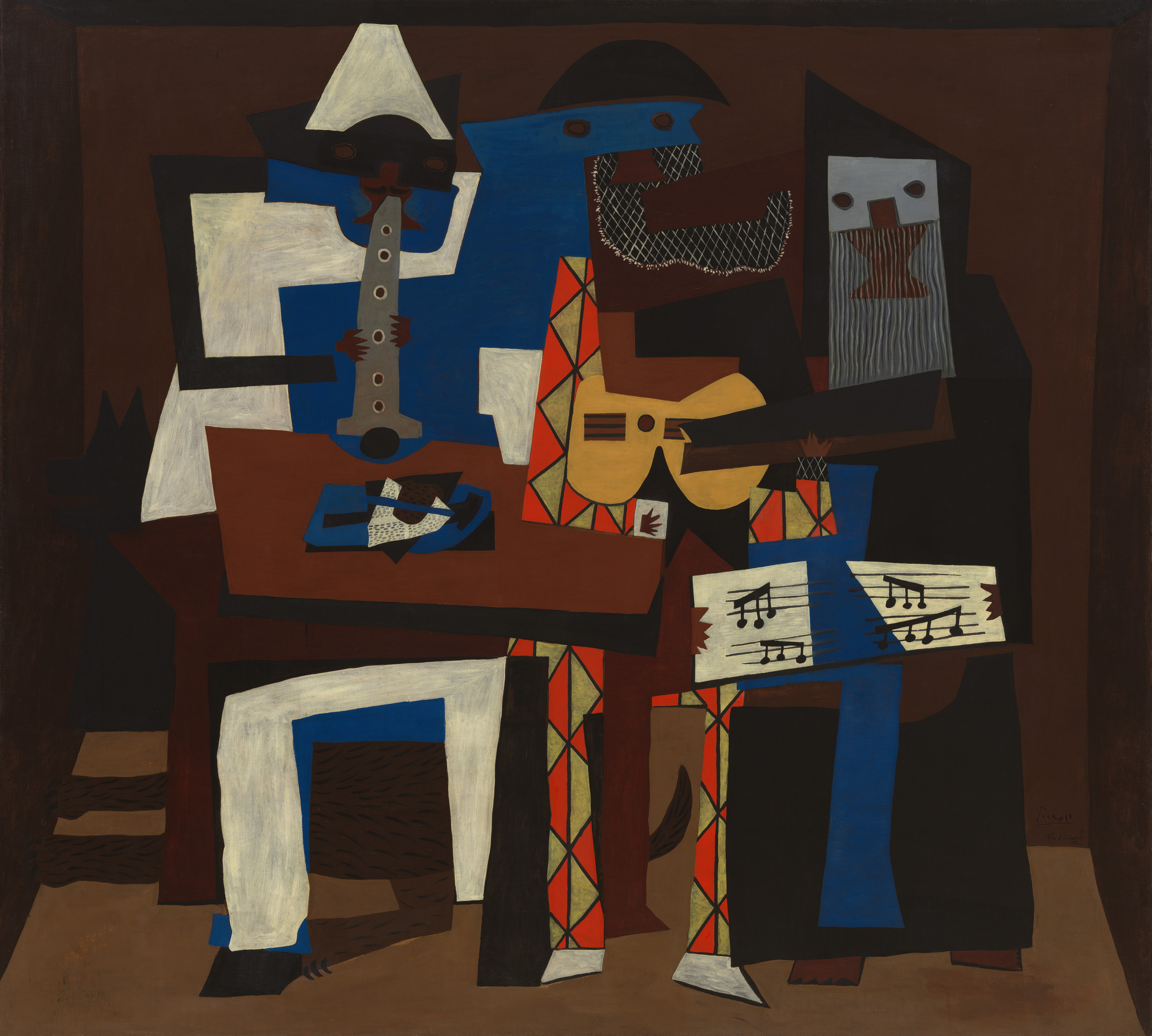 Three Musicians — three flat, angular cubist figures playing instruments