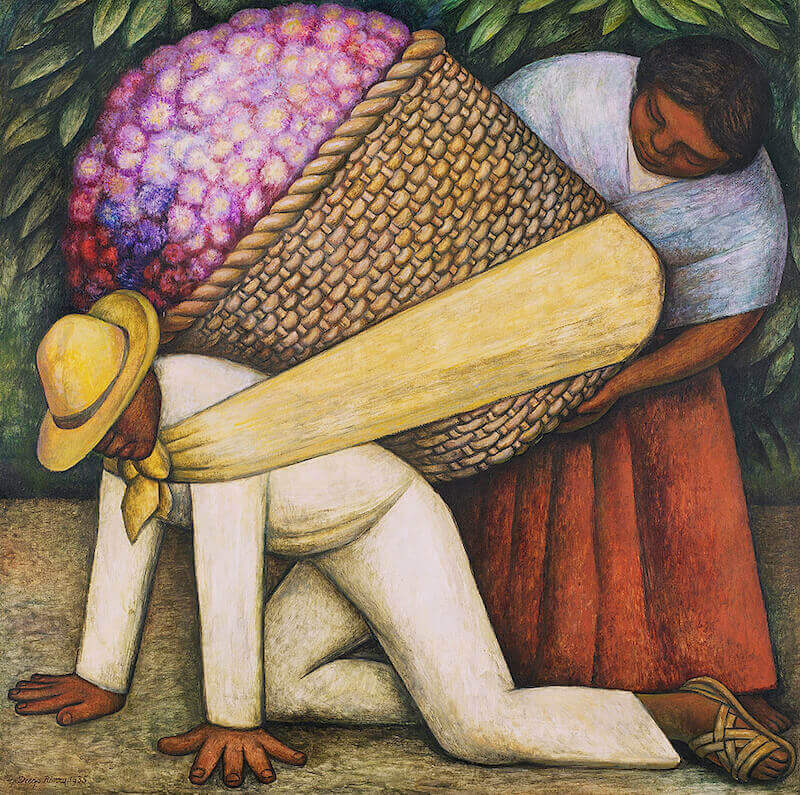 The Flower Carrier — a man on all fours bearing an enormous basket of flowers strapped to his back