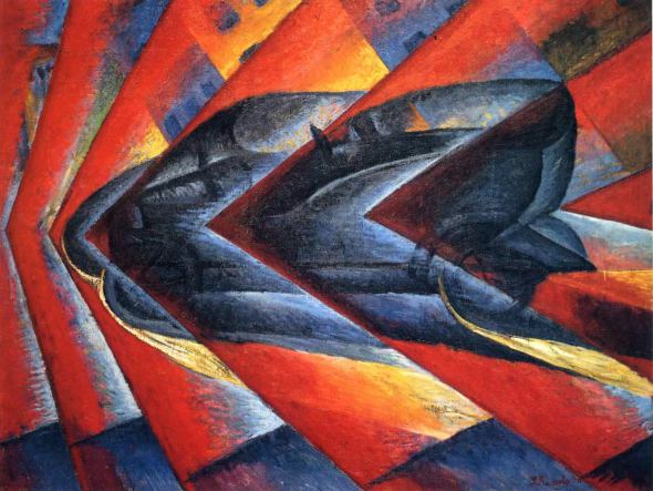 Dynamism of a Car — a dark automobile compressed into arrow-like planes, cutting through red and orange waves of speed